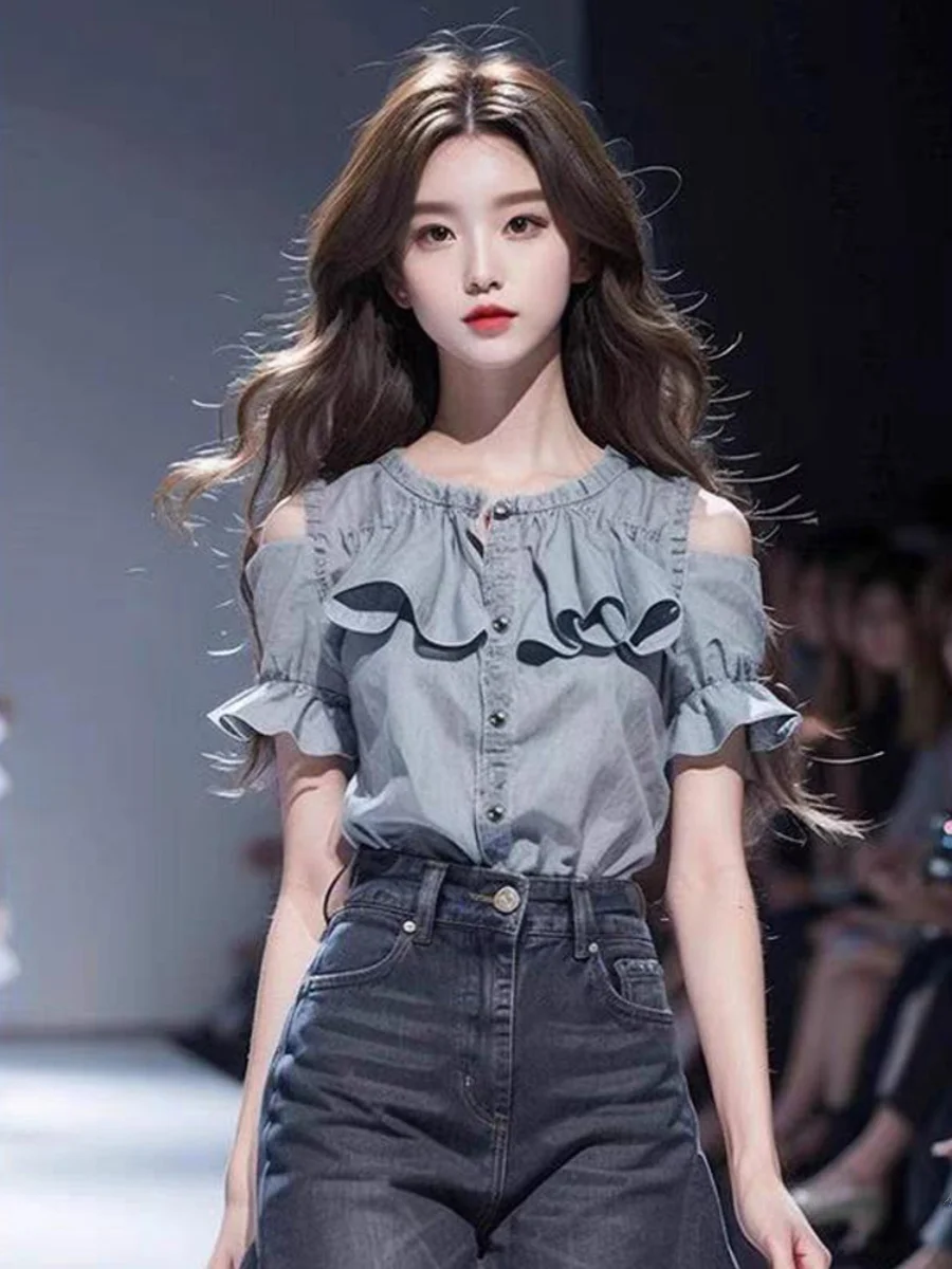 

Схудение Faionable ort Sve oulder Bared Beautiful irt Women's New Sle ey Splice Wood ain irt