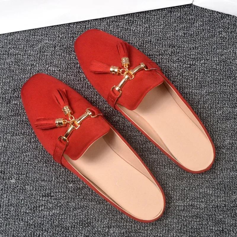 Lady Metal Tassel Round Toe Slippers Flock Outdoor Slides Comfortable 2022 New Arrivals Fashion Brand Shoes Plus Size 44 38 Grey