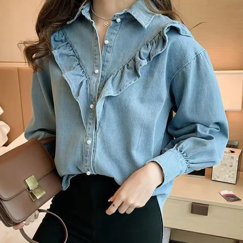 Korean Fashion Ruffle Denim Blouse Women Elegant Lapel Design Oversize 4Xl Jean Shirts Spring Tops Single-Breasted Cowboy Blusas