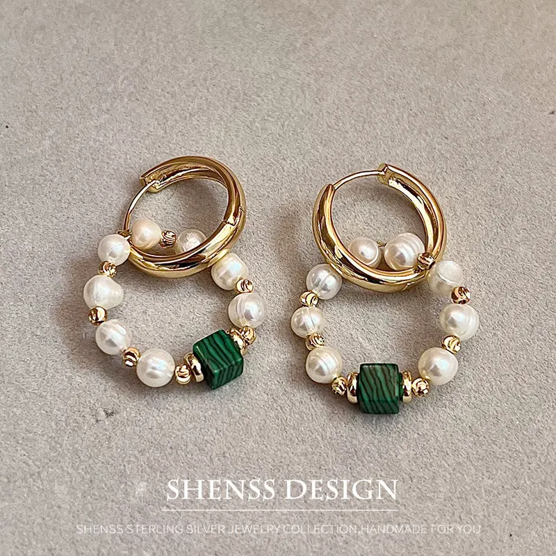 

Natural Freshwater Pearl Malachite Earring Plated 14K Gold Accessories