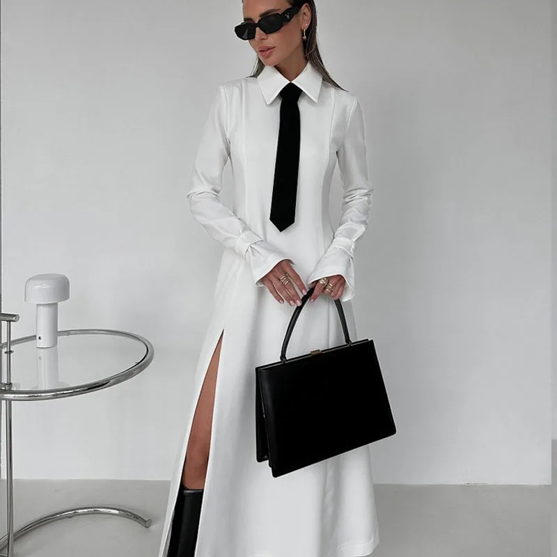 Women\'s 2024 Early Spring New Style College Style Lapel Long Sleeve Slit Dress Tie Long Skirt Club Clothing Vestidos