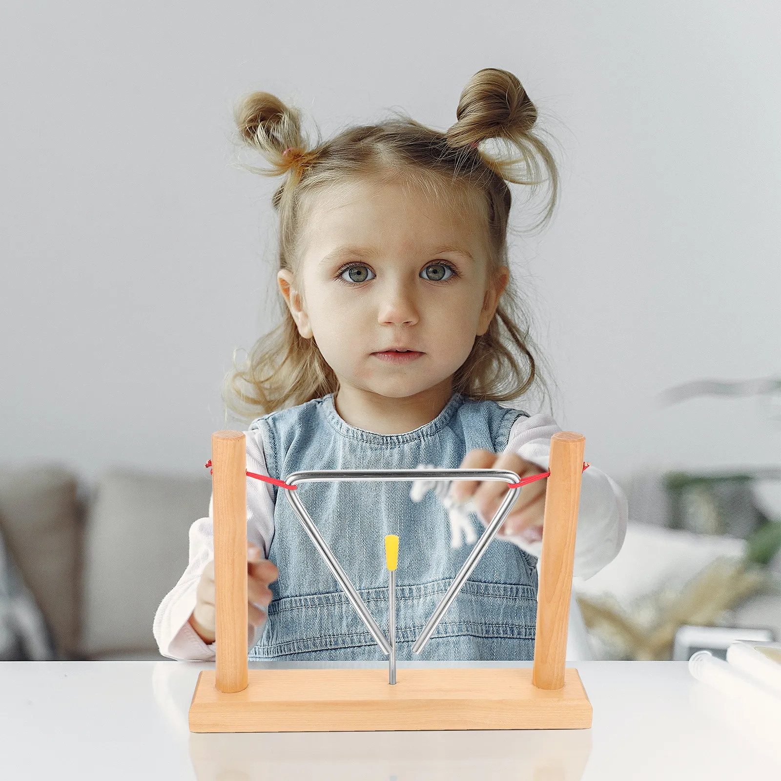 

2Sets Triangle Bell Percussion Instrument Metal Triangle Musical Instrument with Wooden Stand Striker for Kids Children