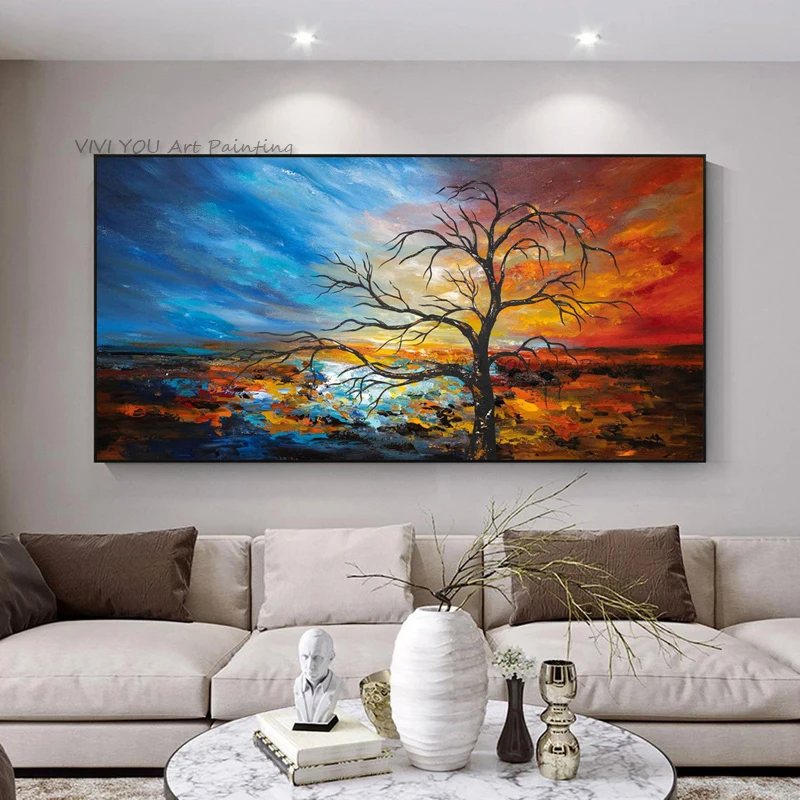 Handpainted Sunset Bare Tree Landscape Textured Impasto Oil Painting on Canvas Wide Horizontal Living Room Wall Art