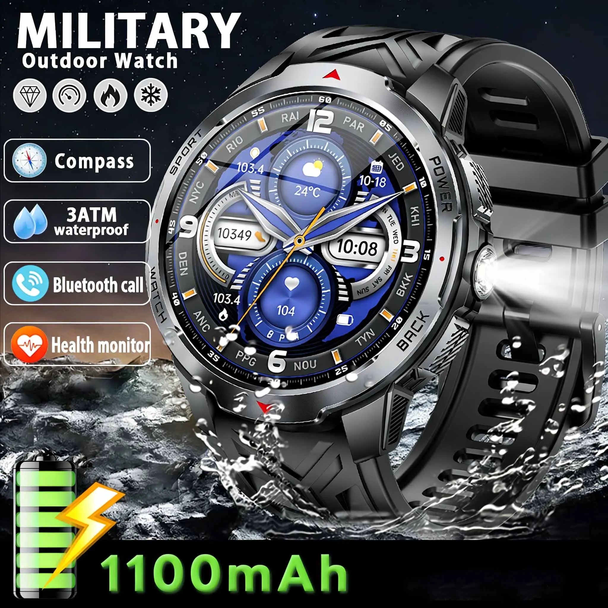 

New 1100mAh Military Outdoor Smart Watch Men 1.7‘’ Large Display Compass Sports Watch IP68 Waterproof Bluetooth Call Smartwatch