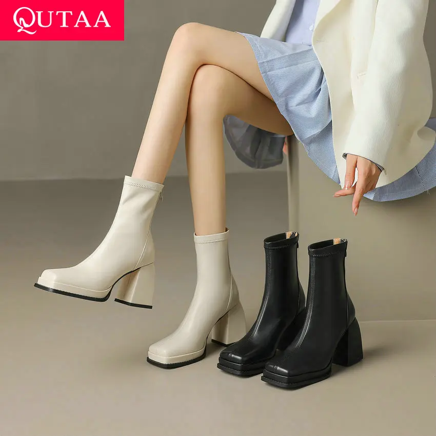 QUTAA 2024 Women Ankle Boots Stretch Thick High Heels Square Toe Winter Office Lady Genuine Leather Shoes Woman Size 34-39