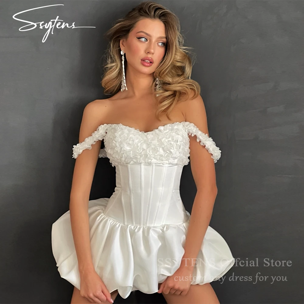 SSYTENS Elegant Short Wedding Dresses 2026 Puffy Mini Bride Dresses Flowers Satin Bridal Gowns Sexy Vestidos De Noiva Customized