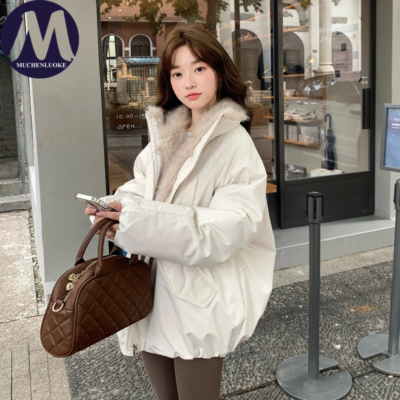 Jackets for Woman Winter Elegant Long Sleeve Plush Stand Collar Down Cotton Coat Korean Fashion Casual Loose Thick Warm Parkas