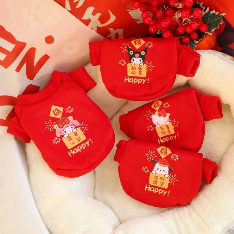

New Sanrio Red Dog Cat Hoodie, Kawaii Party Pet Sweater for Small Dogs Cats, Cute Festive Pullover for Bichon Frise