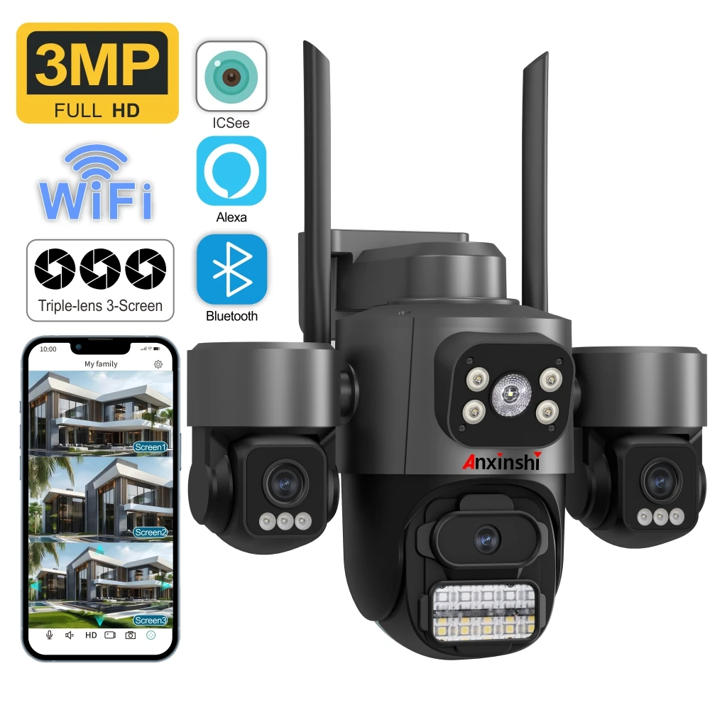 

Anxinshi Three Screen 3 Lens 3MP HD WiFi Wireless IP PTZ Camera Auto Tracking Waterproof CCTV Video Security Cam iCsee Onvif ﻿