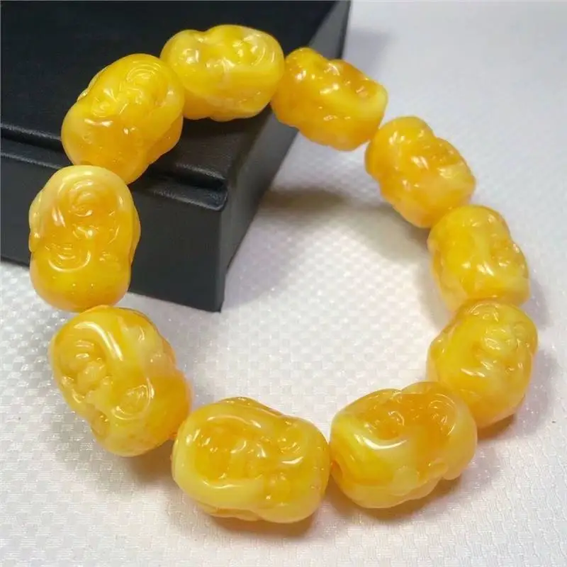 Double-Sided Buddha Head Bracelet Yellow Carved Men's and Women's Bracelet Yellow Chicken Grease Accessories Rosary Ornament Who