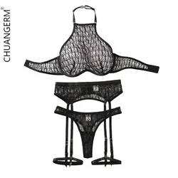 CHUANGERM Gather Female Underwear for Women Embroidery Lace Bra Net Women's Clothing Set Secret Four Four Sets  Lingerie Sexy