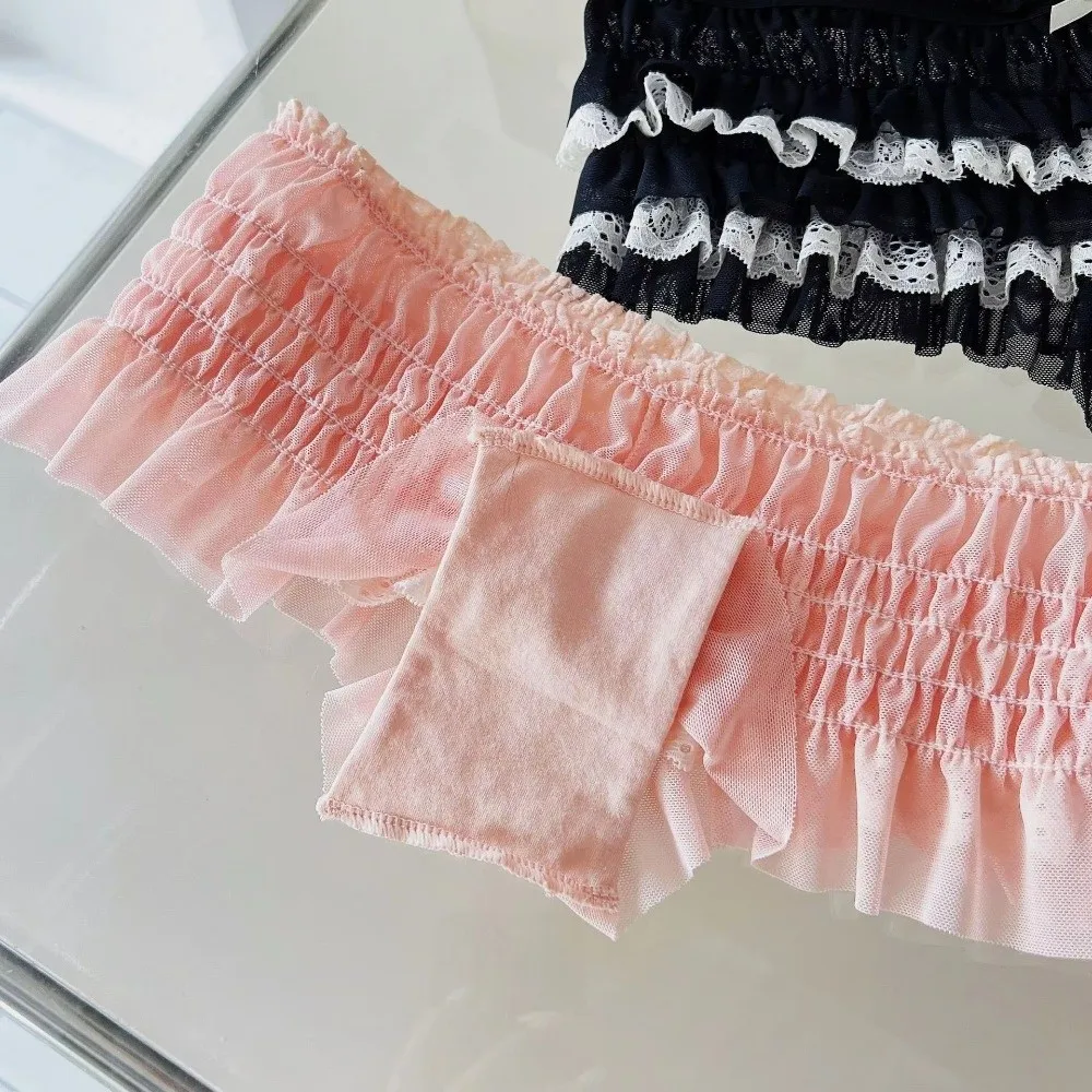 Cotton Crotch Women's Lace Panties Lace Trim Sweet Bow Low Rise Briefs Layered Ruffles Breathable Mesh Ruffled Lace Panties