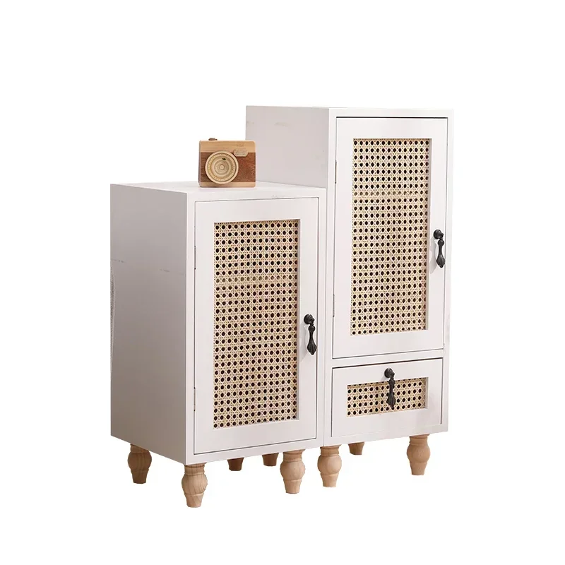 Modern Bedside Table Solid Wood Rattan Woven Storage Cabinet Multi-functional Sofa Cabinet Bedroom with Drawers Home Furniture