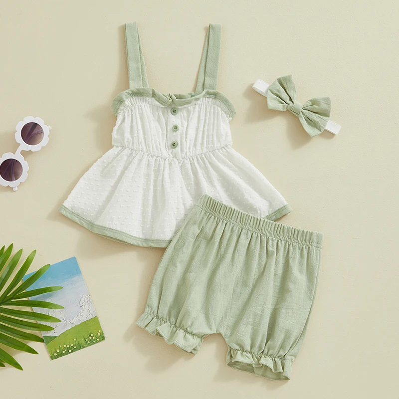 Infant Toddler Baby Girl 3 Piece Summer Set Square Neck Cami Tops + Elastic Waist Frill Trim Shorts + 3D Bow Headband Outfits