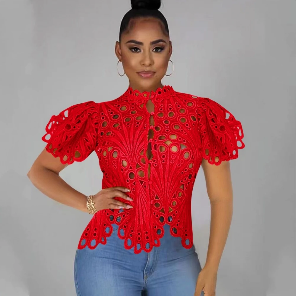 

Dashiki African Shirts For Women Elegant Short Sleeve Hollow Out Lace Sheer See Through Top Blouse Clothing 2022 New Summer