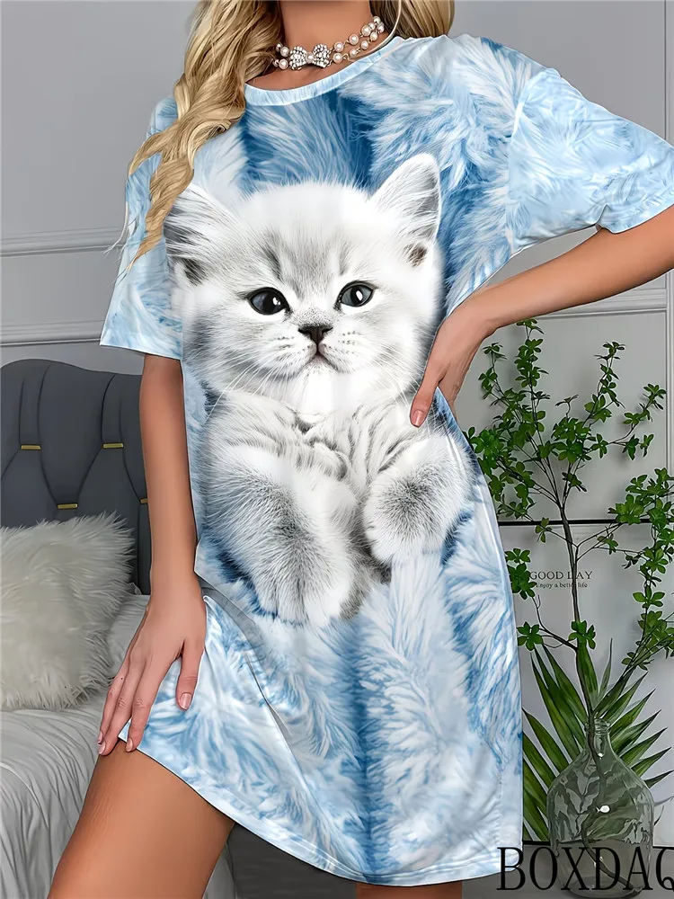 Summer Women's Dresses Casual Short Sleeved Round Neck Cat Pattern Printed Loose Dress