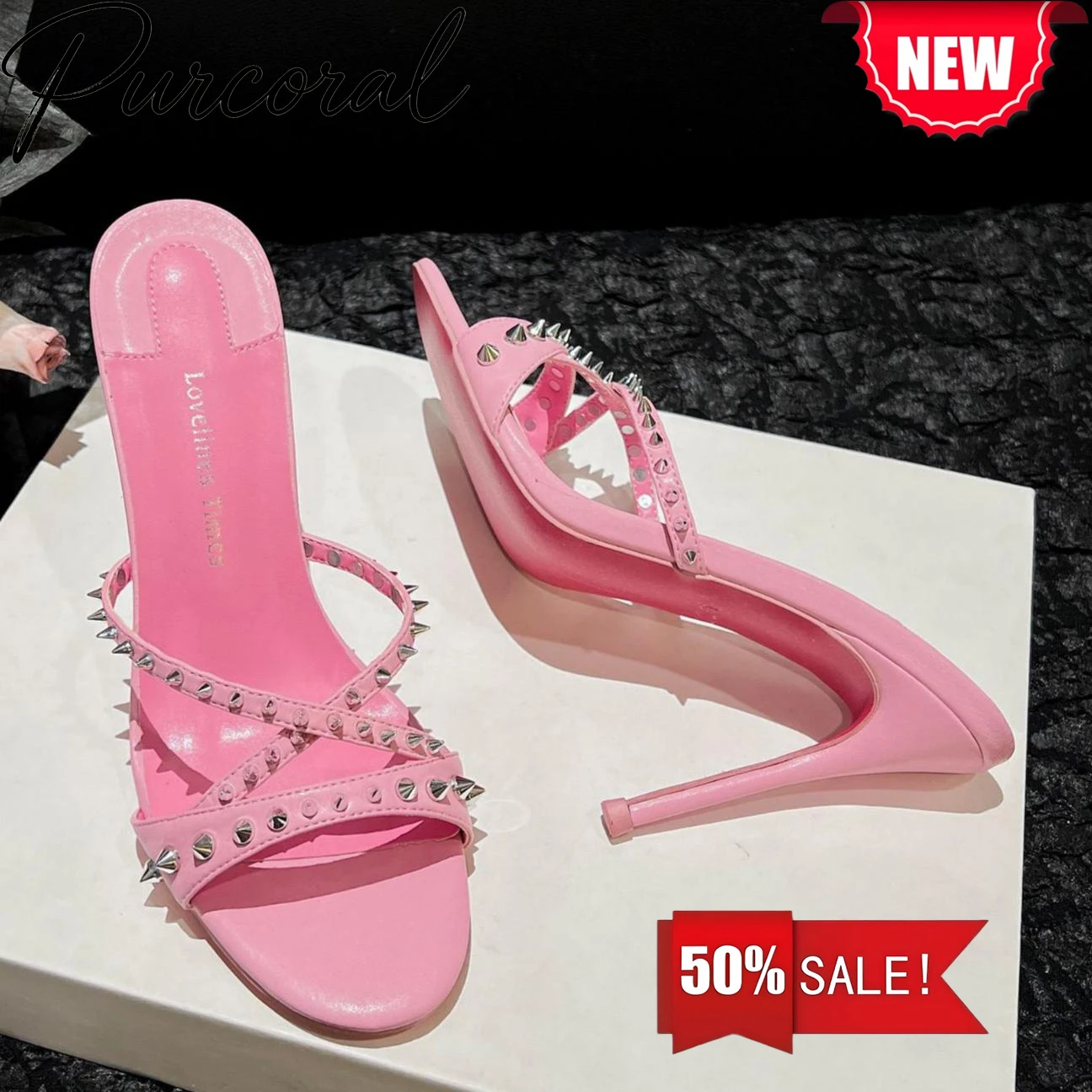 Purcoral Women Pink Rivet Spike Stiletto Mules Sandals Cross Straps Open Toe High Heel Slippers 2026 Summer Shoes