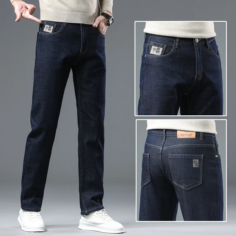 Inverno lã veludo negócios casual confortável térmico em linha reta preto azul denim calças jeans masculinas velo engrossado jeans