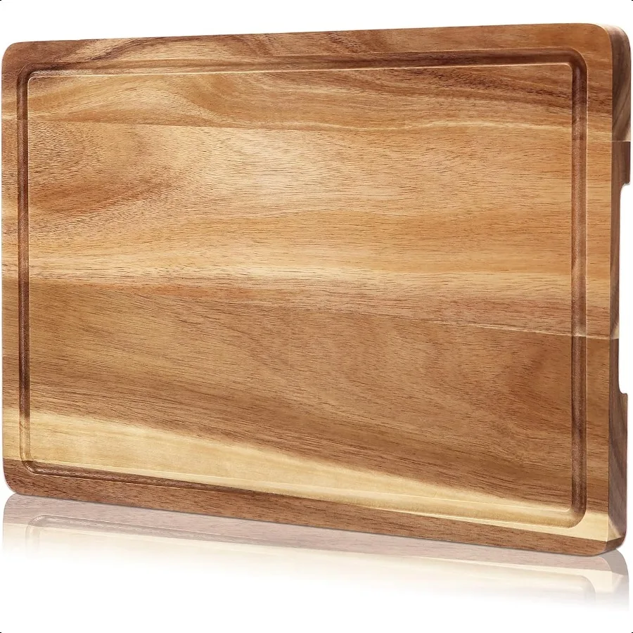 

18'' x 12'' Acacia Wood Cutting Board 1'' Thick Chopping Board with Deep Juice Groove and Back Inner Handles Kitchen Butcher Bl