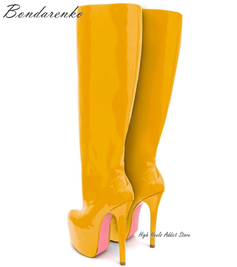 Pink Sole Super High Heels Platform Knee High Boots Women Round Toe Zip Leather Boot Luxury Designer Big Size Party Dance Shoes