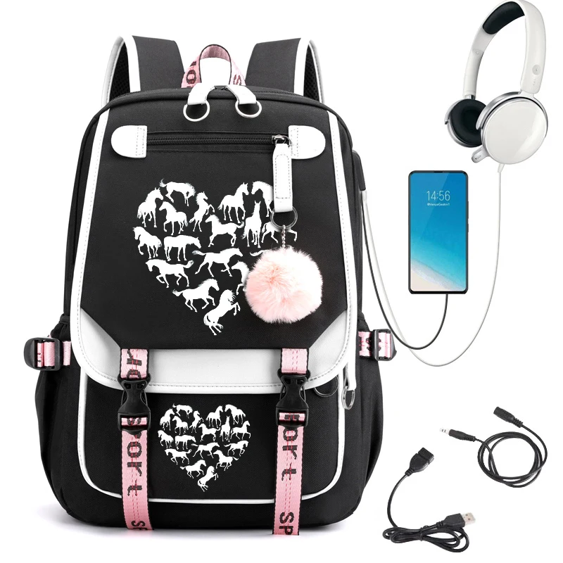 Paard Hart Anime Schooltas Voor Meisjes Grote Student Rugzak Middelbare School Student Rugzak Tassen Cartoon Bagpack Usb Boekentassen