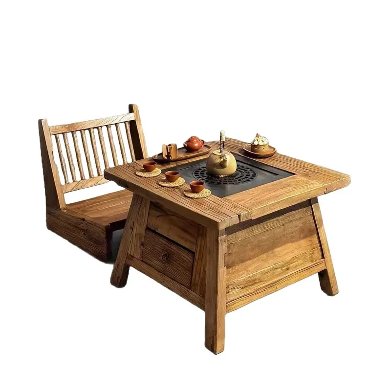Solid Elm Zen Tea Table Outdoor Hot Pot BBQ Coffee Desk for Balcony Courtyard Four Seasons Enclosure Furniture