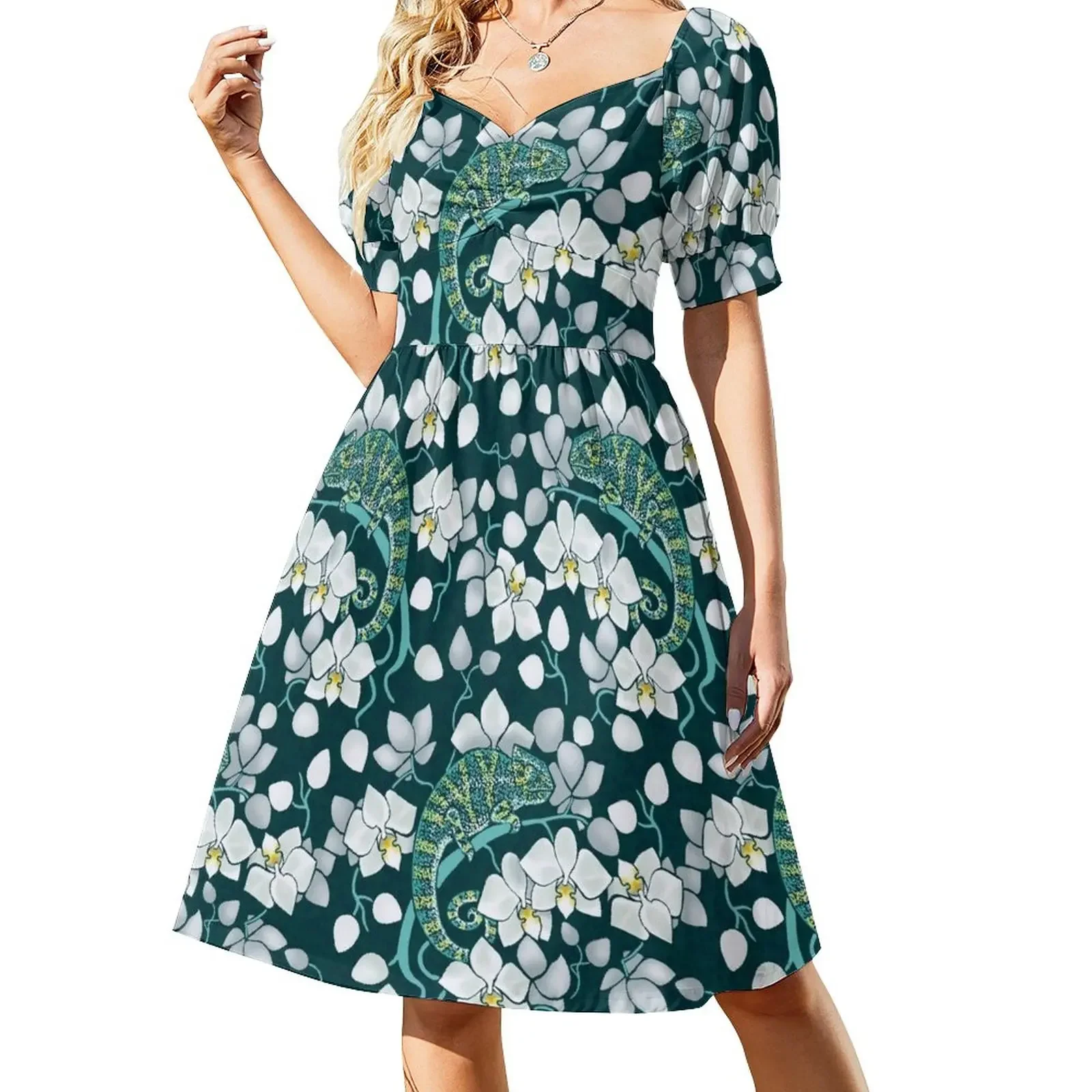 

chameleons and orchids Short-Sleeved Dress women's evening dresses Elegant gowns