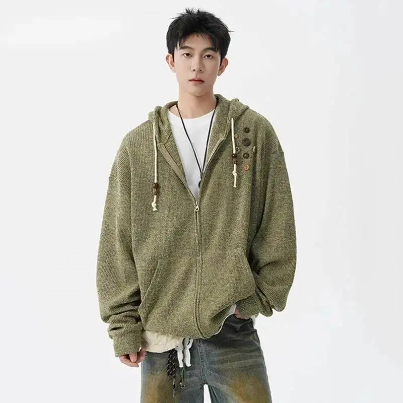 Korean Style Men's Hoodies Chic Button Decoration Drawstring Hooded Big Pockets Loose Solid Color Male Sweatshirts 9W1YIK