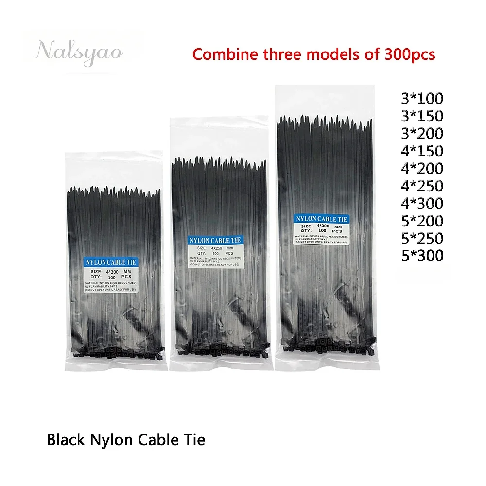 300pcs Three Mode Self-Locking Plastic Nylon Wire Cable Zip Ties Black Fasten Loop Various Sizes