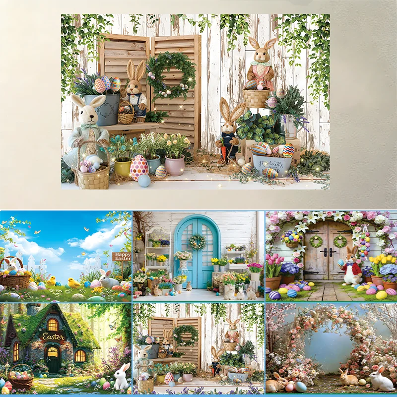 

Happy Easter Decorations Spring Easter Backdrop Bunny Eggs Hunt Background for Birthday Baby Shower Party Banner Photo Props
