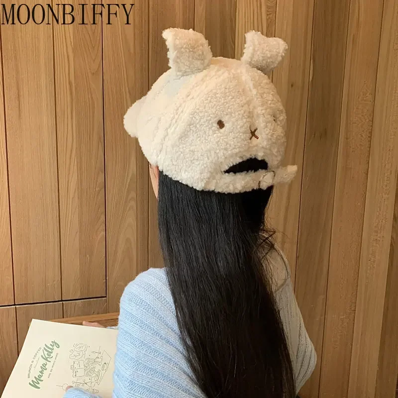 Faux Lamb Wool Alphabet Baseball Caps Korean Fashion Winter Warm Plush Ear Protection Peaked Cap Cute Rabbit Ears Women\'s Hats