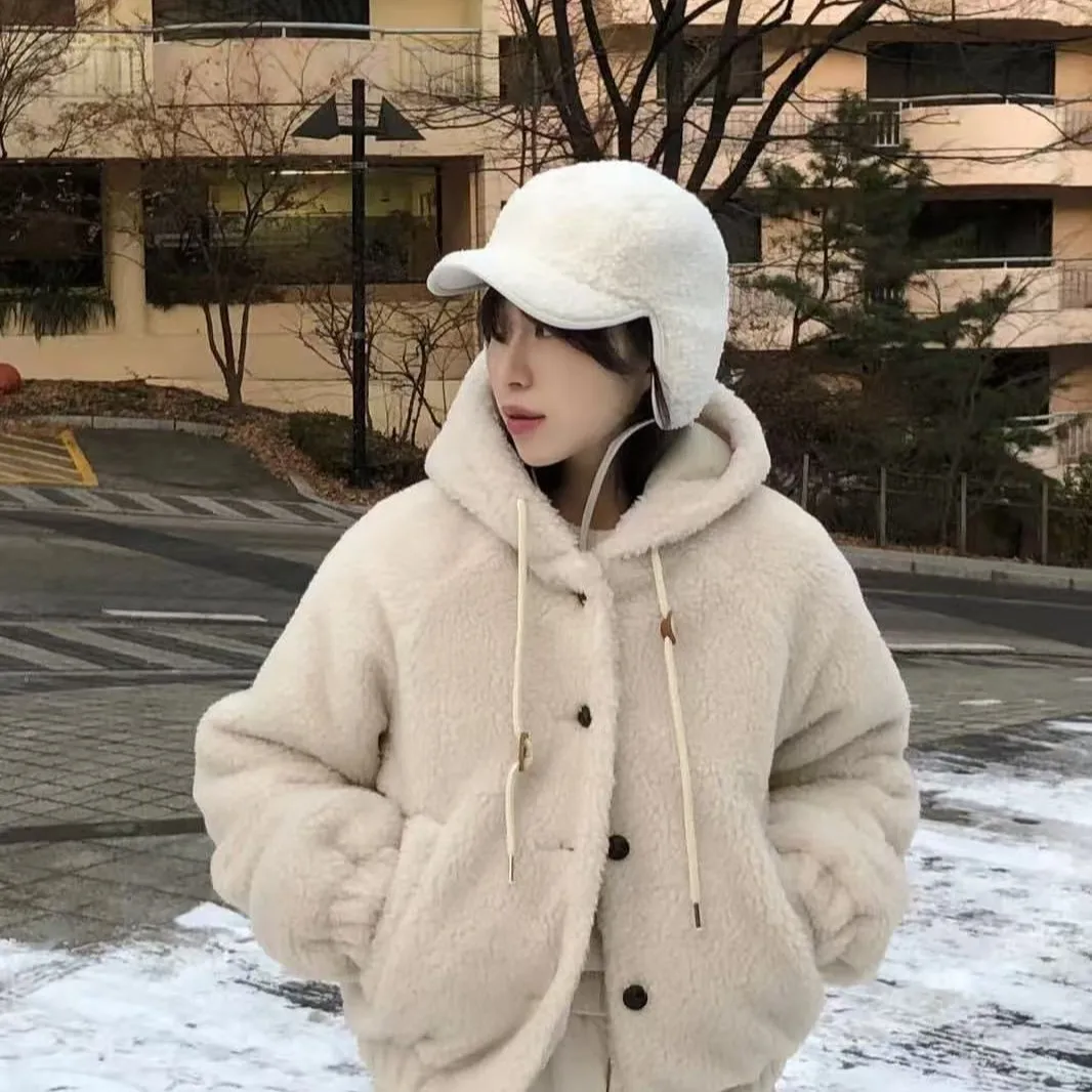 Korean Original Order ins Same Solid Color Lamb Wool Fleece Ear Protector Warm Lei Feng Hat Simple Flying Bomber Hat Winter