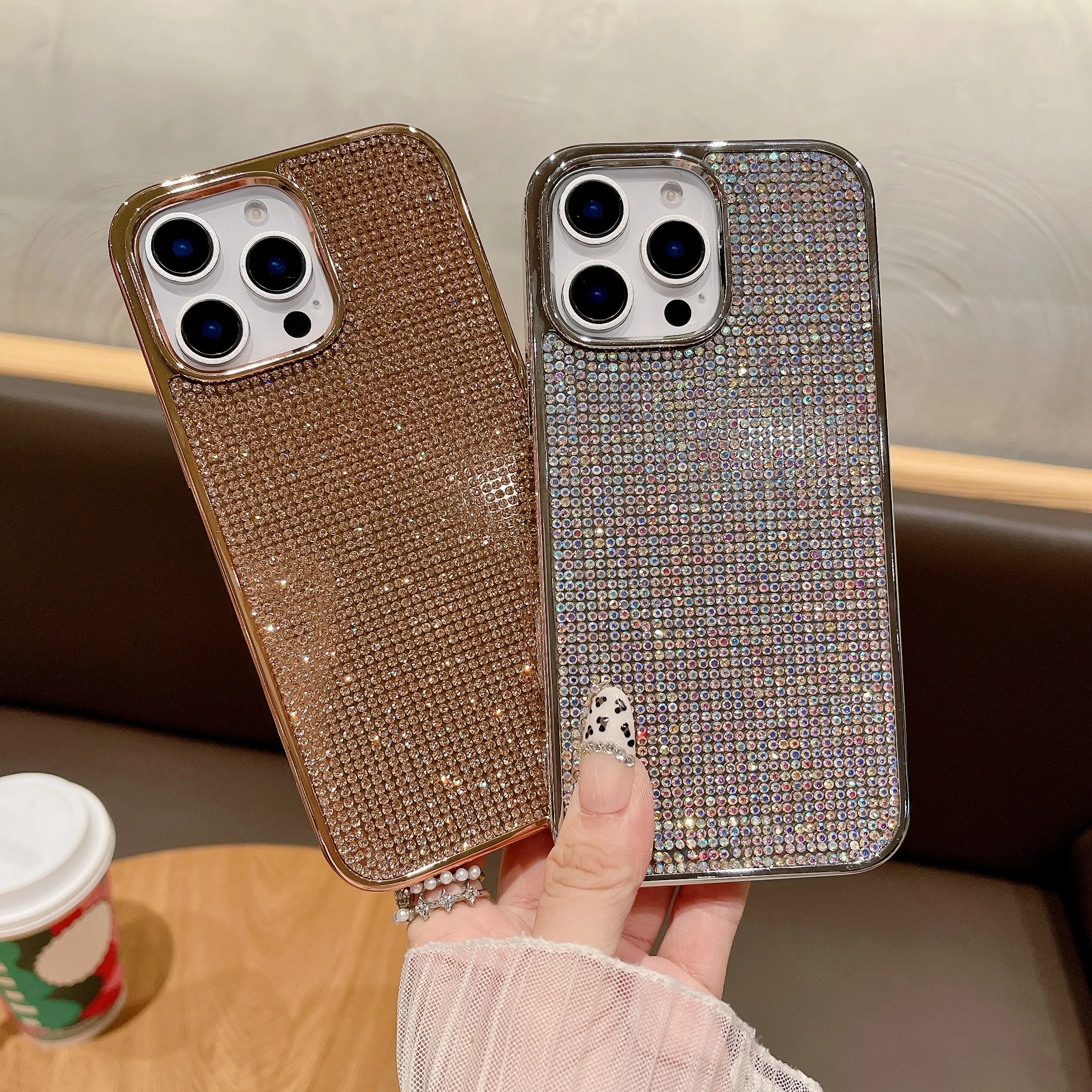 빛나는 INS 눈부신 전체 덮힌 지르콘 빛나는 광택 세련된 전화 케이스 iPhone 16 15 14 11 12 13 Pro Max Plus 뒷면 커버