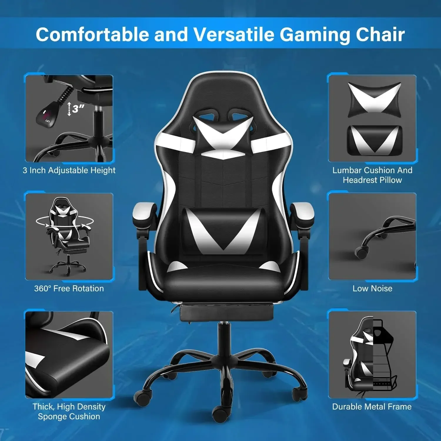 Gaming Chair with Footrest, Big and Tall Gamer Chair, Adjustable Swivel Office Chair, Ergonomic with Headrest and Lumbar Support