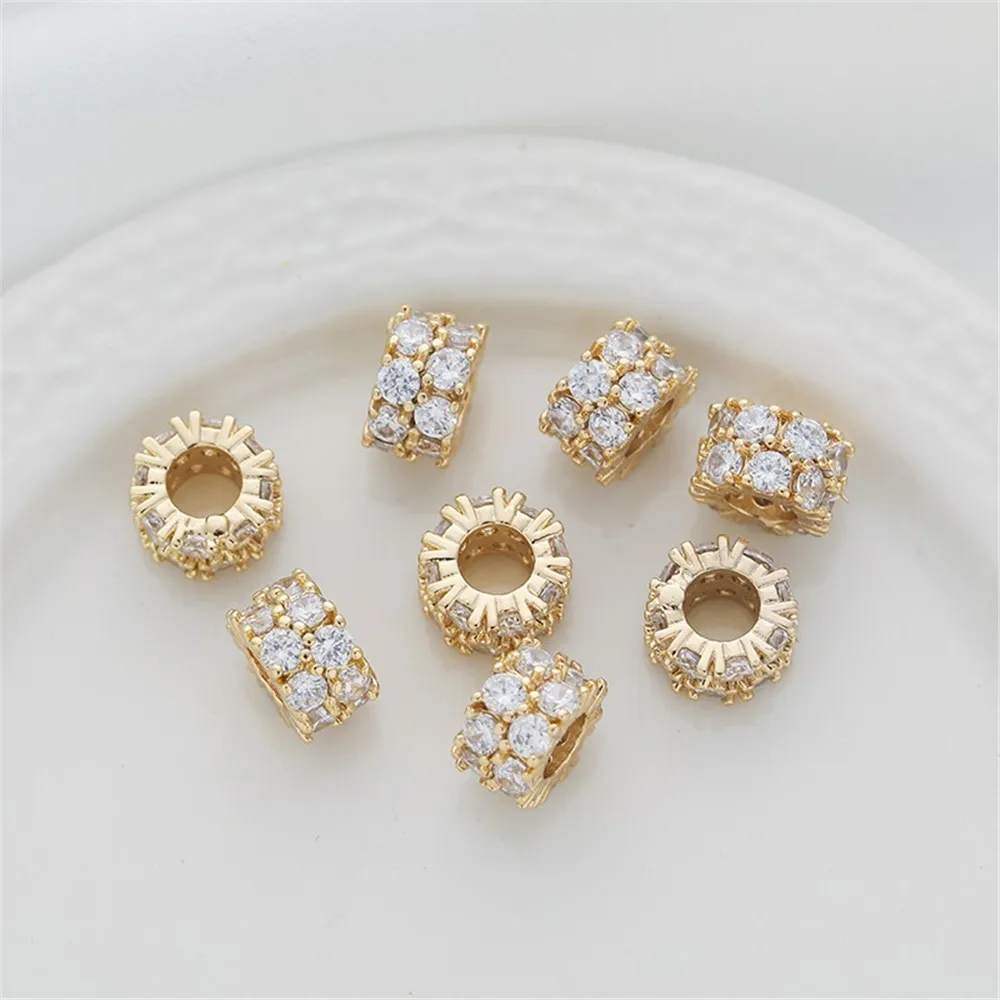 

1pcs 14K Gold Color Inlaid Zircon Snowflake Bucket Beads, Transport Beads, DIY Jewelry Accessories, Loose Beads, 8mm