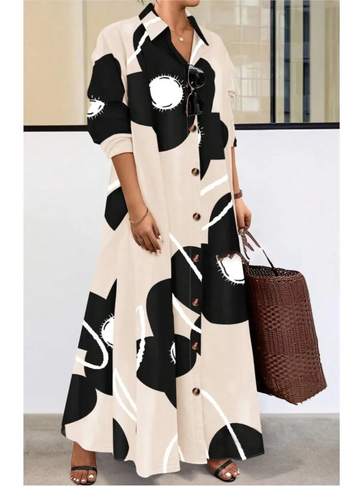 أزياء طباعة اللباس سيدة عارضة طويلة الأكمام بدوره إلى أسفل طوق زر قمصان فساتين للنساء عطلة الربيع الملابس النسائية الجديدة