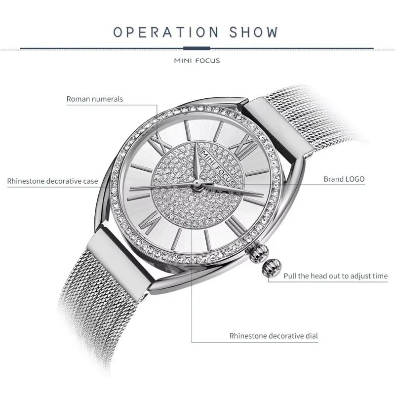MINI FOCUS 0425 브랜드 여성용 쿼츠 시계, 럭셔리 다이아몬드 다이얼 시계, 스테인레스 스틸 방수 손목시계, 우아한 숙녀 시계