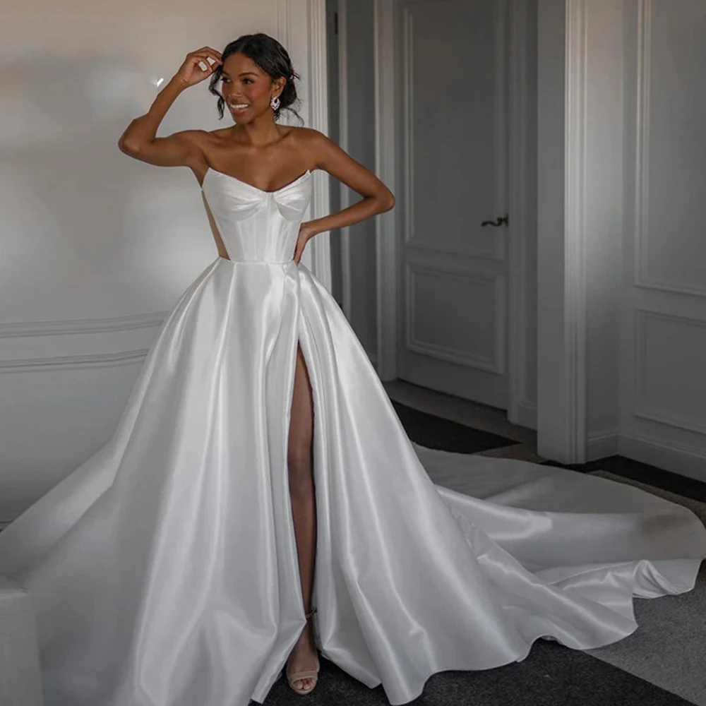 Simple Off Shoulder Sleeveless Satin Mermaid High Fork Wedding Dresses Sexy Sweetheart High Split Floor Length Bridal Gown 2023