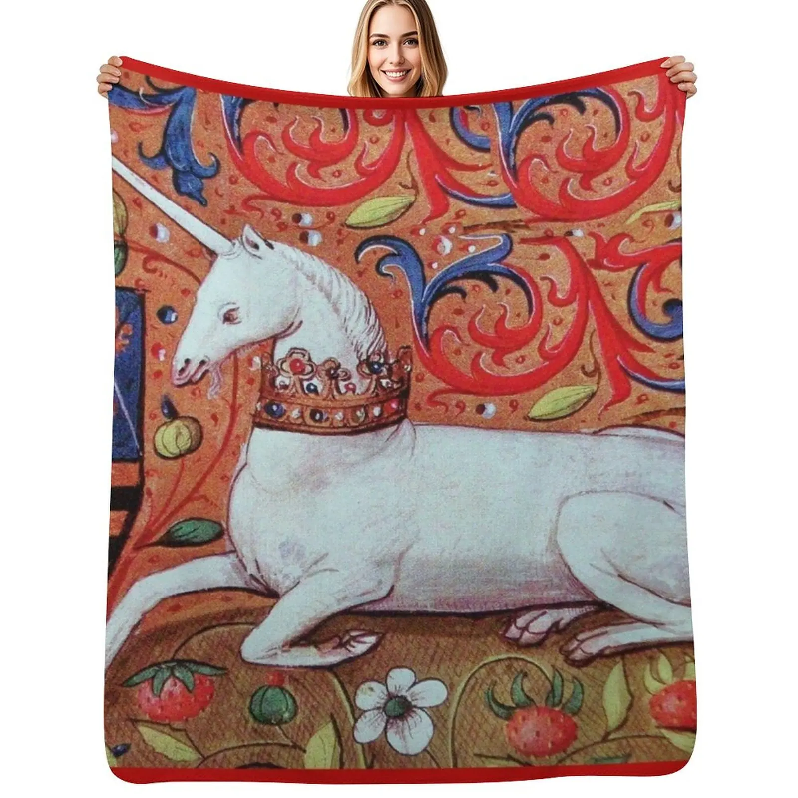 

UNICORN WITH RED BLUE WHITE FLORAL MOTIFS Medieval Miniature Throw Blanket Bed Fashionable Soft Plaid Sofas Retros Blankets