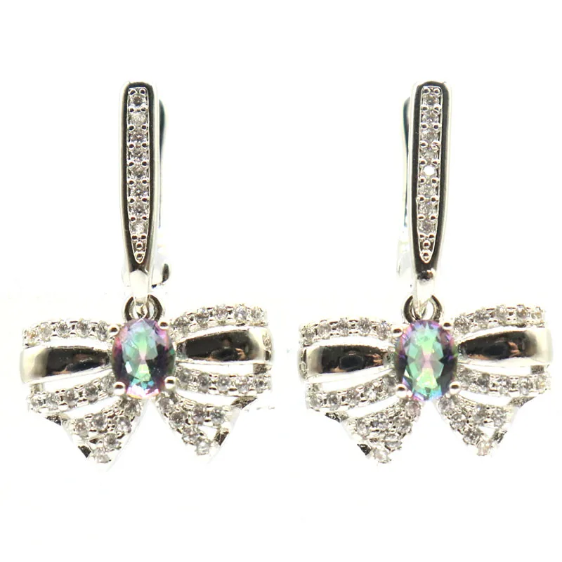 Buy 3 Get 1 Free 26x16mm Created Bow Pink Morganite Fire Rainbow Mystic Topaz White CZ Woman's Wedding Silver plated Earring