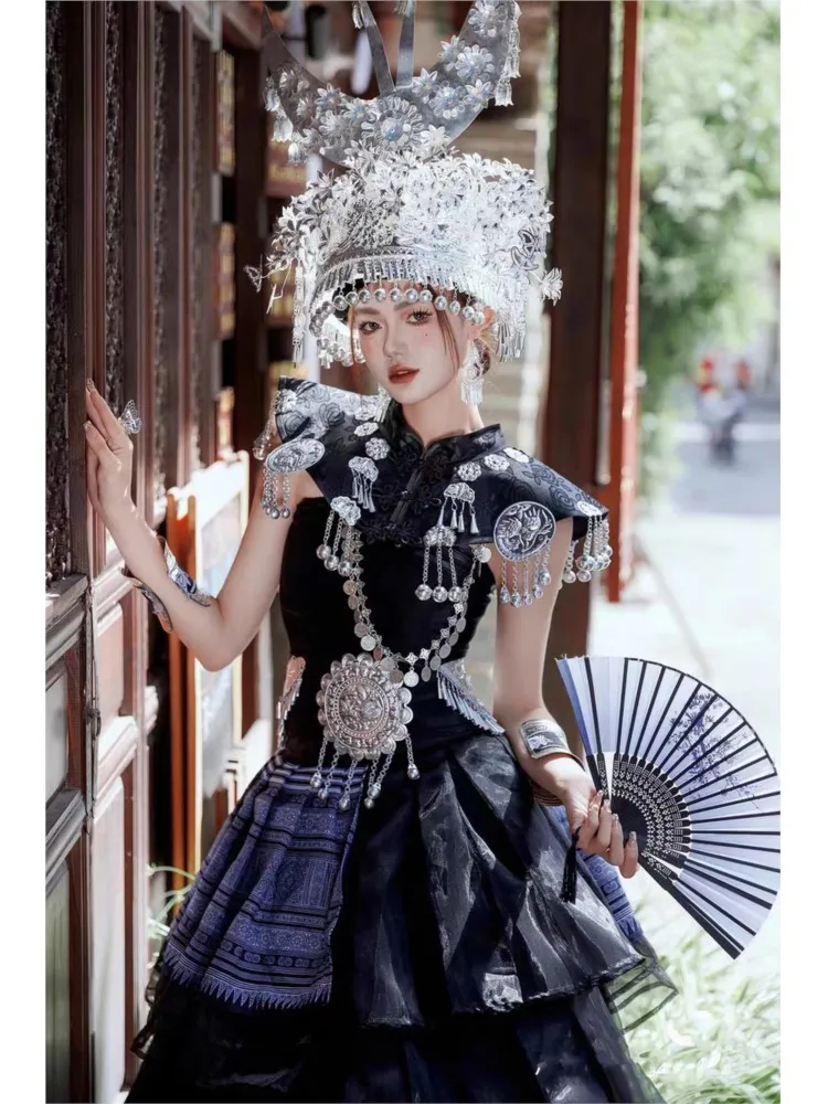 

Ethnic women's black dress style performance costume photography