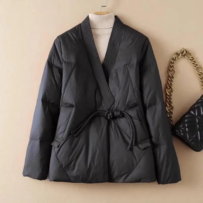 

Ретро-куртка в китайском стиле для женщин, хлопковая, с V-образным вырезом, на крупных пуговицах, теплая, удобная, универсальная, модная, в корейском стиле, свободного кроя, зимняя