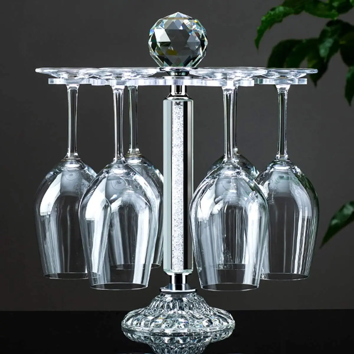 

Elegant Desktop Crystal Glass Stemware Rack/Rotate 8 Wine Glass Storage Holder Stand Air Drying Rack(Silver)