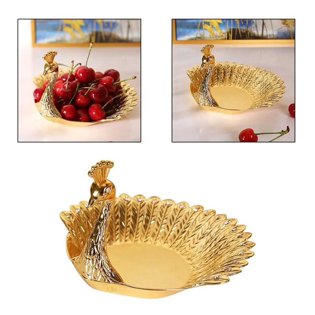Metal Peacock Snack Plate for Fruit Serving Tray Dish with Jewelry Necklace Earrings Storage Holder Home Table Decoration