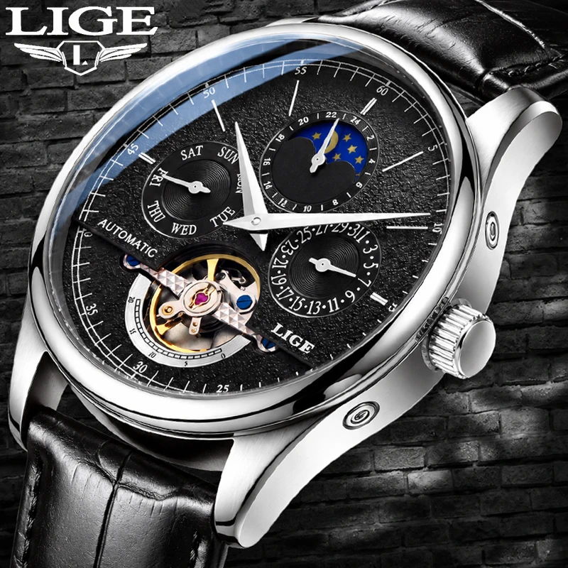 LIGE Automatic Watch Men Fashion Retro Leather Watch for Men Casual Military Waterproof Tourbillon Men's Mechanical Wristwatches