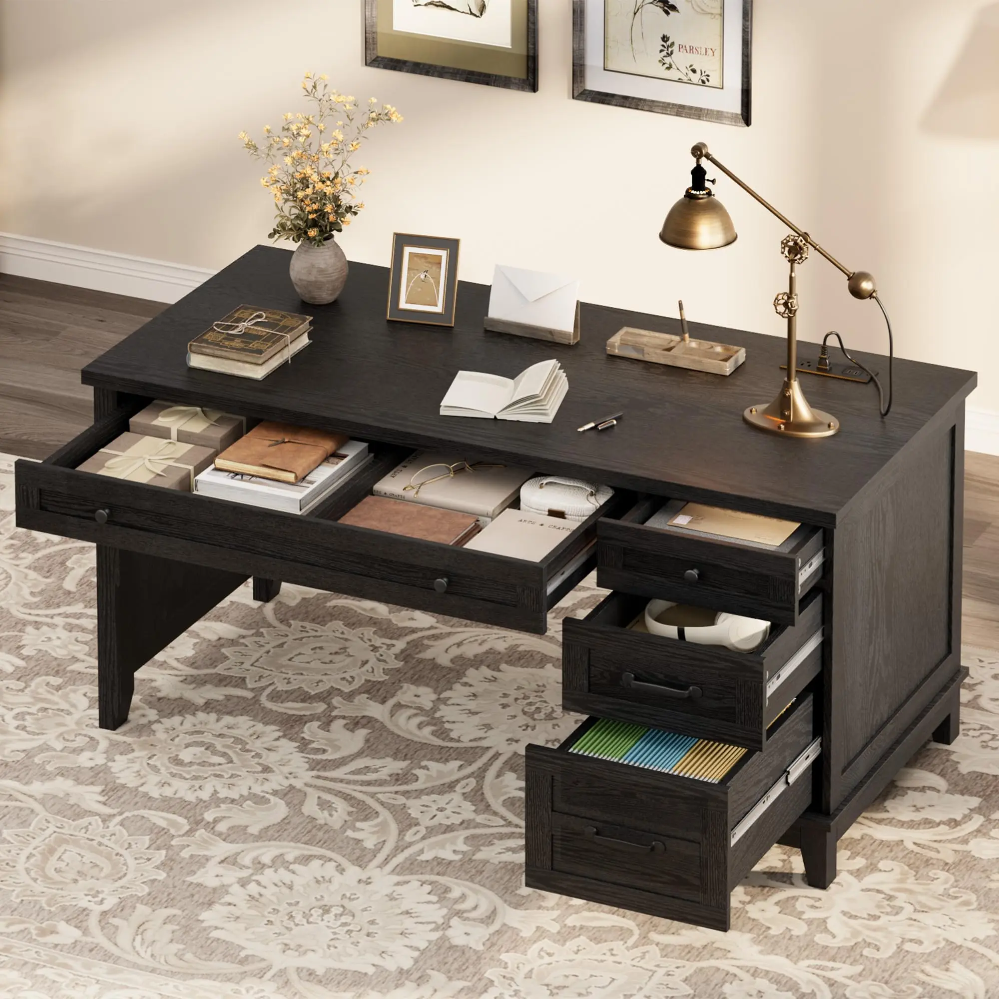 Farmhouse Executive Desk with Drawers, 53.54 in Home Office Desk with Charging Station, Wooden Computer Desk with File