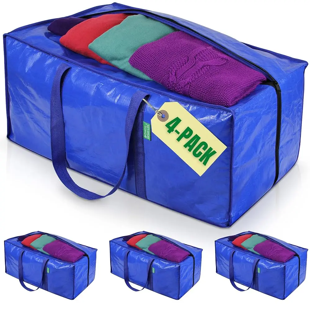 

Jumbo Storage Bags For Clothes With Strong Handles & Sturdy Zipper (4-Pack), Heavy-Duty Moving & Storage Bags, Best Packing