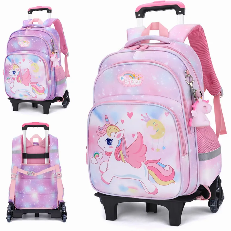

Cartoon Trolley Schoolbag Roller Climb The Stairs Wheel Bag Reduce Study Load Six-wheeled Backpack Cute Girl Christmas Gifts