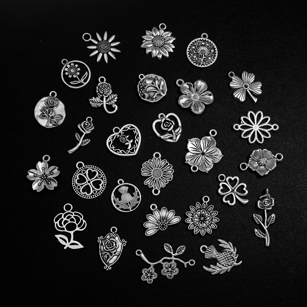 20pcs 27 Style Flower Clover Rose Sunflower Charms Pendant For DIY Bracelet Earring Necklace Jewelry Making Findings Accessories