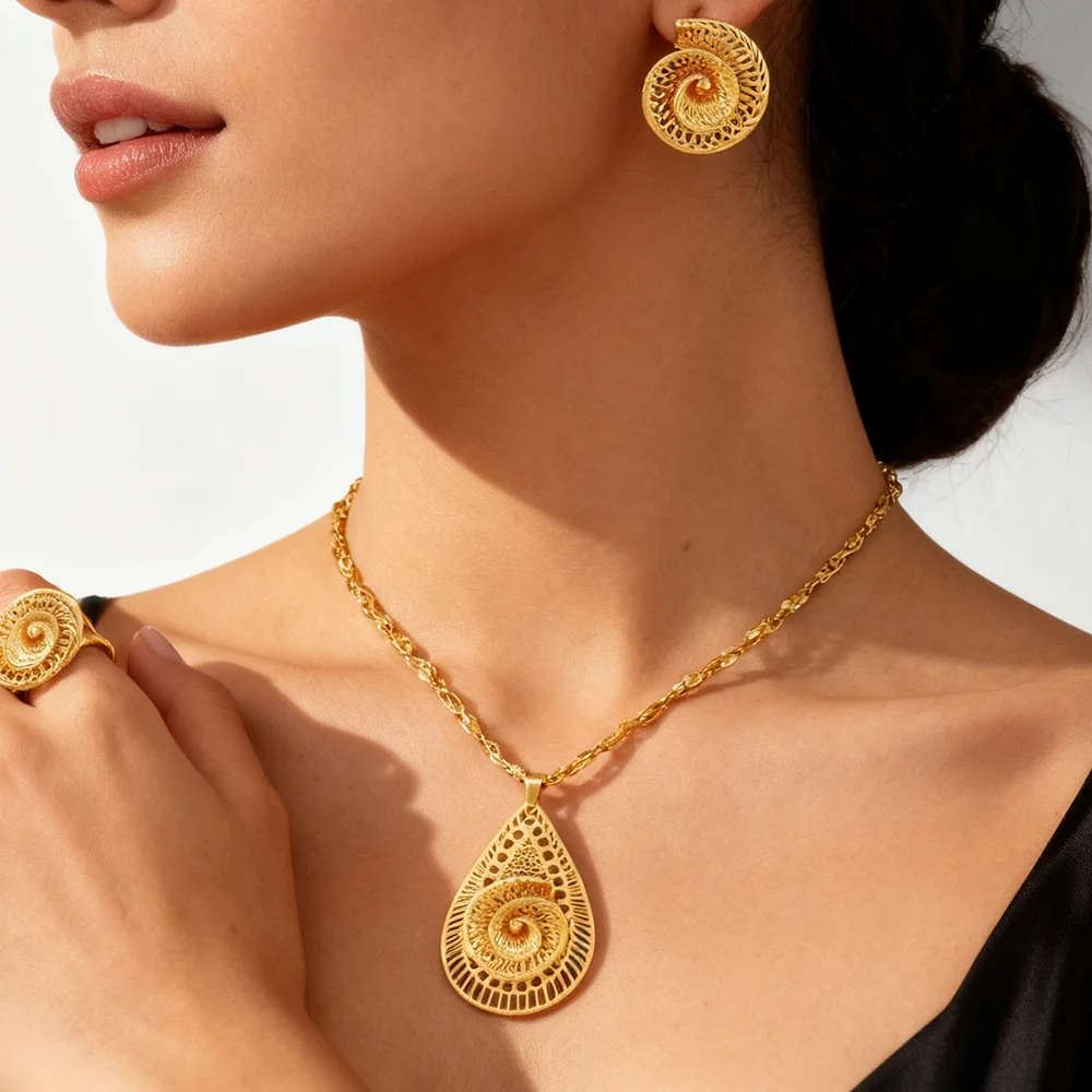 Vergoldetes Edelstahl-Halsketten- und Ohrring-Set für Damen, Modischer Persönlichkeits-Schmuck, Einfache Halsketten und Ohrringe als Geschenk – Detail 4
